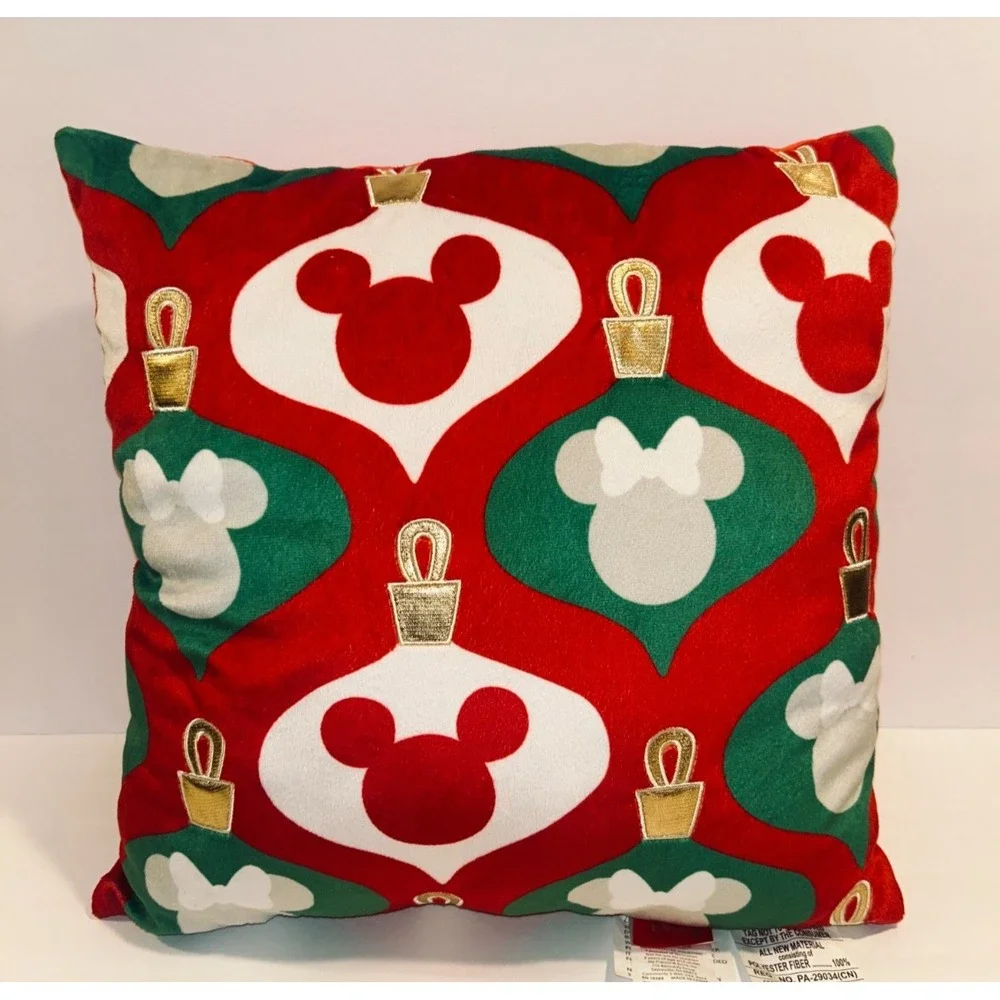 Disney Mickey Minnie Mouse Christmas Ornament Plush Throw Decor 16x16 Red Green